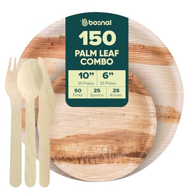 Palm Leaf Biodegradable 10" & 6" Round Plates and Cutlery Combo - (25 Each Plates, 50 Forks, 25 Spoons, 25 Knives), Eco-Friendly, Compostable, Bamboo-Wood Style, Durable & Restaurant-Grade