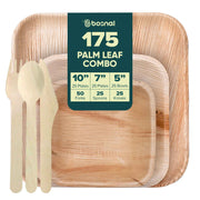 Palm Leaf Biodegradable Set of 10" & 7" Square Plates, 5" Bowls with Cutlery Combo (25 Each Plates, 25 Bowls, 50 Forks, 25 Spoons, 25 Knives), Eco-Friendly, Compostable, Bamboo-Wood