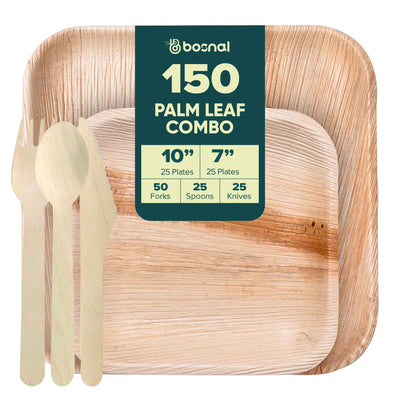 Palm Leaf Biodegradable Set of 10" & 7" Square Plates and Cutlery Combo (25 Each Plates, 50 Forks, 25 Spoons, 25 Knives), Eco-Friendly, Compostable, Bamboo-Wood Style, Durable & Restaurant-Grade
