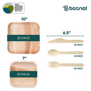 Palm Leaf Biodegradable Set of 10" & 7" Square Plates and Cutlery Combo (25 Each Plates, 50 Forks, 25 Spoons, 25 Knives), Eco-Friendly, Compostable, Bamboo-Wood Style, Durable & Restaurant-Grade