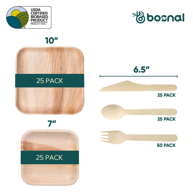 Palm Leaf Biodegradable Set of 10" & 7" Square Plates and Cutlery Combo (25 Each Plates, 50 Forks, 25 Spoons, 25 Knives), Eco-Friendly, Compostable, Bamboo-Wood Style, Durable & Restaurant-Grade