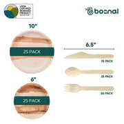 Palm Leaf Biodegradable 10" & 6" Round Plates and Cutlery Combo - (25 Each Plates, 50 Forks, 25 Spoons, 25 Knives), Eco-Friendly, Compostable, Bamboo-Wood Style, Durable & Restaurant-Grade