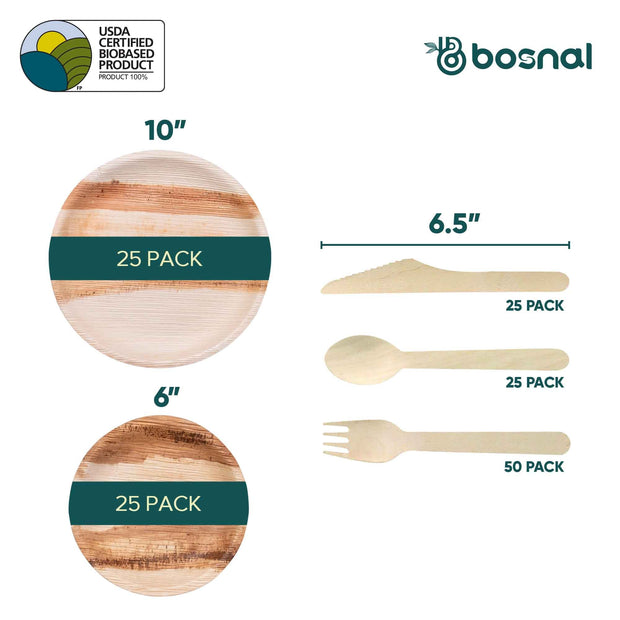 Palm Leaf Biodegradable 10" & 6" Round Plates and Cutlery Combo - (25 Each Plates, 50 Forks, 25 Spoons, 25 Knives), Eco-Friendly, Compostable, Bamboo-Wood Style, Durable & Restaurant-Grade