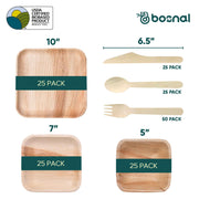 Palm Leaf Biodegradable Set of 10" & 7" Square Plates, 5" Bowls with Cutlery Combo (25 Each Plates, 25 Bowls, 50 Forks, 25 Spoons, 25 Knives), Eco-Friendly, Compostable, Bamboo-Wood