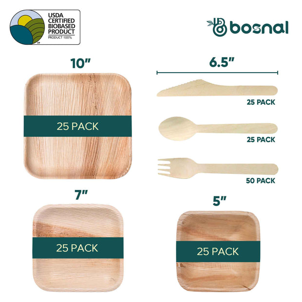 Palm Leaf Biodegradable Set of 10" & 7" Square Plates, 5" Bowls with Cutlery Combo (25 Each Plates, 25 Bowls, 50 Forks, 25 Spoons, 25 Knives), Eco-Friendly, Compostable, Bamboo-Wood
