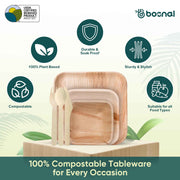 Palm Leaf Biodegradable Set of 10" & 7" Square Plates, 5" Bowls with Cutlery Combo (25 Each Plates, 25 Bowls, 50 Forks, 25 Spoons, 25 Knives), Eco-Friendly, Compostable, Bamboo-Wood