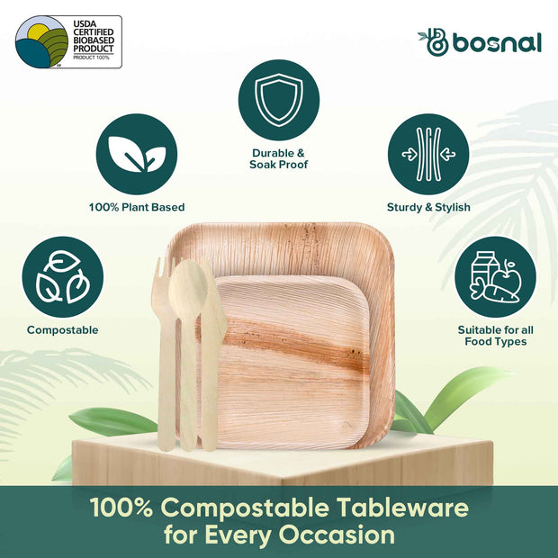 Palm Leaf Biodegradable Set of 10" & 7" Square Plates and Cutlery Combo (25 Each Plates, 50 Forks, 25 Spoons, 25 Knives), Eco-Friendly, Compostable, Bamboo-Wood Style, Durable & Restaurant-Grade