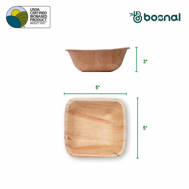 Palm Leaf Biodegradable Bowls, 5 inch, Square (Set of 25/50/100)