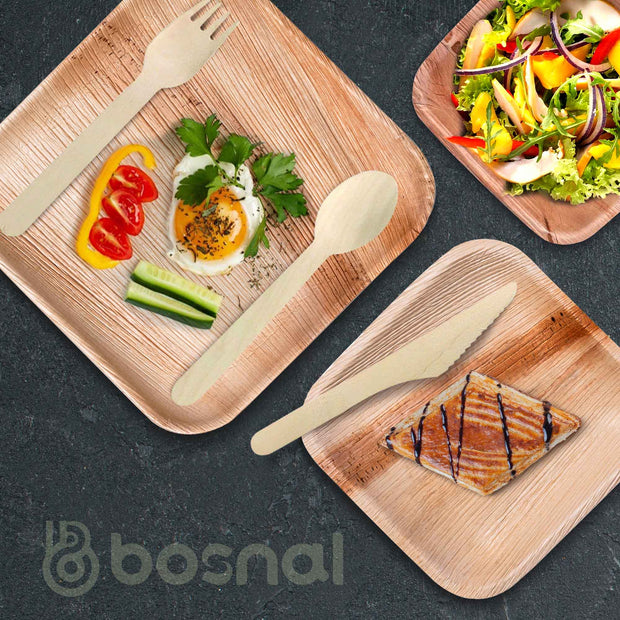 Palm Leaf Biodegradable Set of 10" & 7" Square Plates, 5" Bowls with Cutlery Combo (25 Each Plates, 25 Bowls, 50 Forks, 25 Spoons, 25 Knives), Eco-Friendly, Compostable, Bamboo-Wood