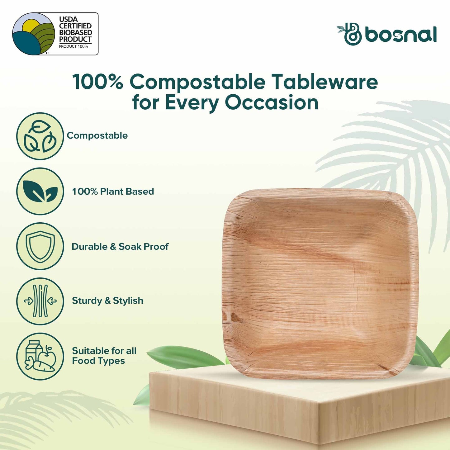 Palm Leaf Biodegradable Bowls, 5 inch, Square (Set of 25/50/100)