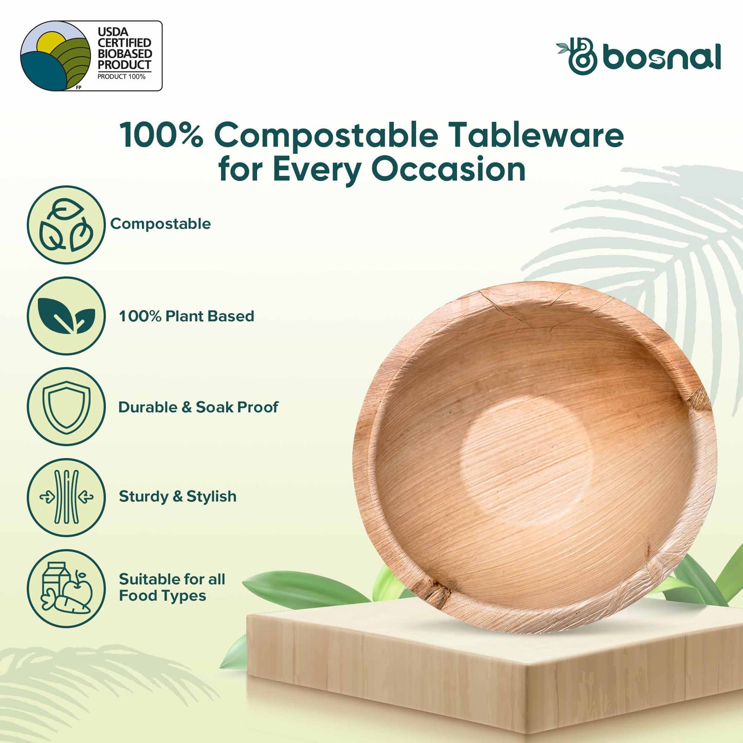 Palm Leaf Bowl, 6 inch, Round (Set of 25/50/100)